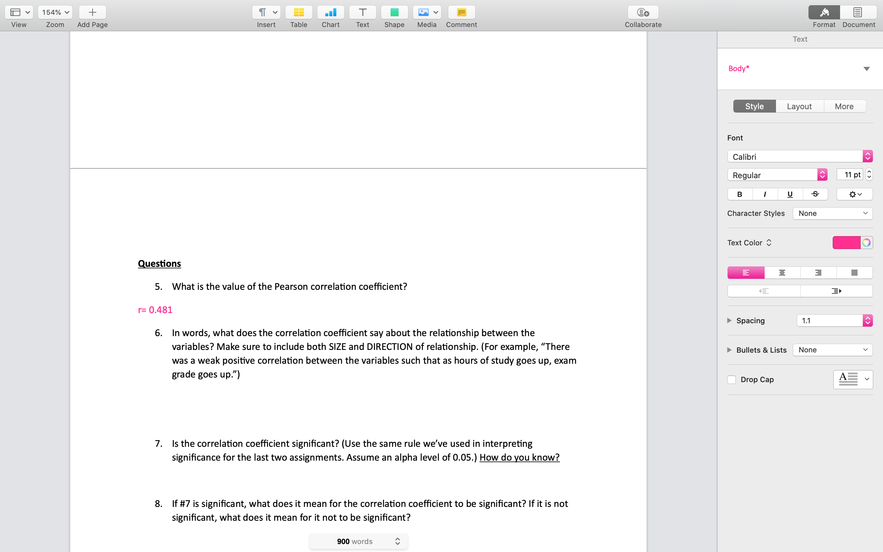 r 0.481 Calibri E p-value 0.159 Regular 11 pt B U ov