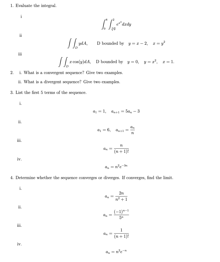 -2, r= y' iii xcos(y)dA, D bounded by y= 0, y= 1,