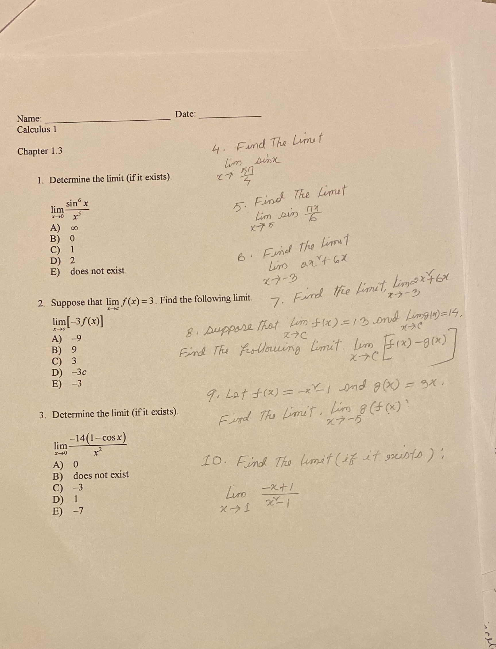 Name: Date: Calculus 1 Chapter 1.3 4. Find The Limit Lim