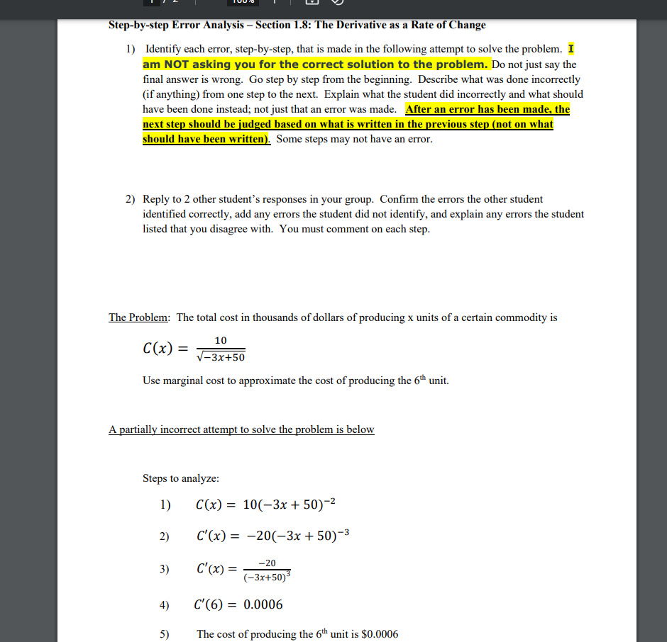 Step-by-step Error Analysis Section 1.8: The Derivative as a Rate of