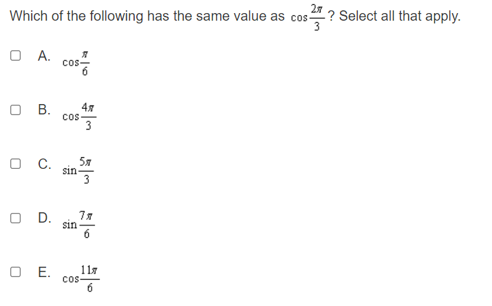 cos(x-#)Which trigonometric function requires a domain restriction of [0, x] to make