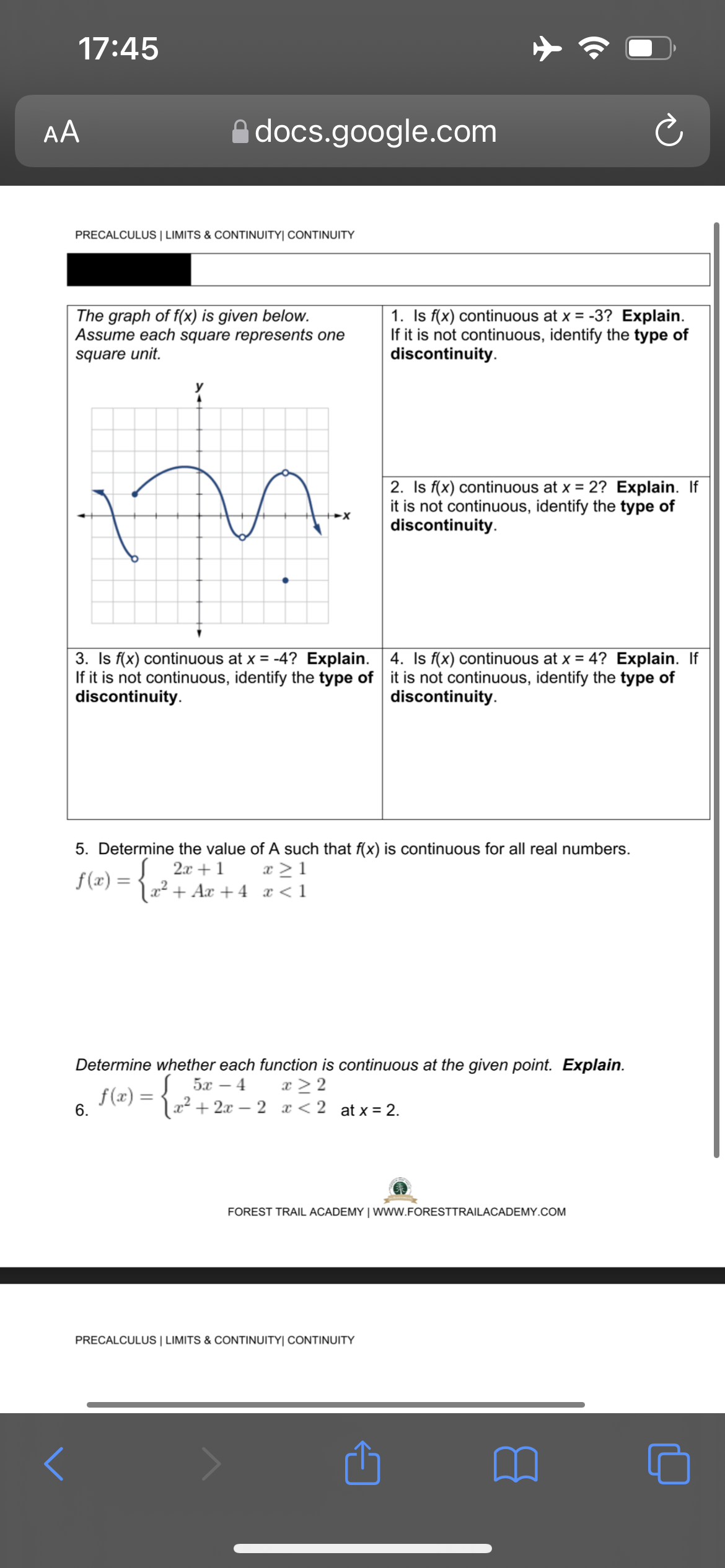  17:45 AA docs.google.com PRECALCULUS | LIMITS & CONTINUITY| CONTINUITY The graph