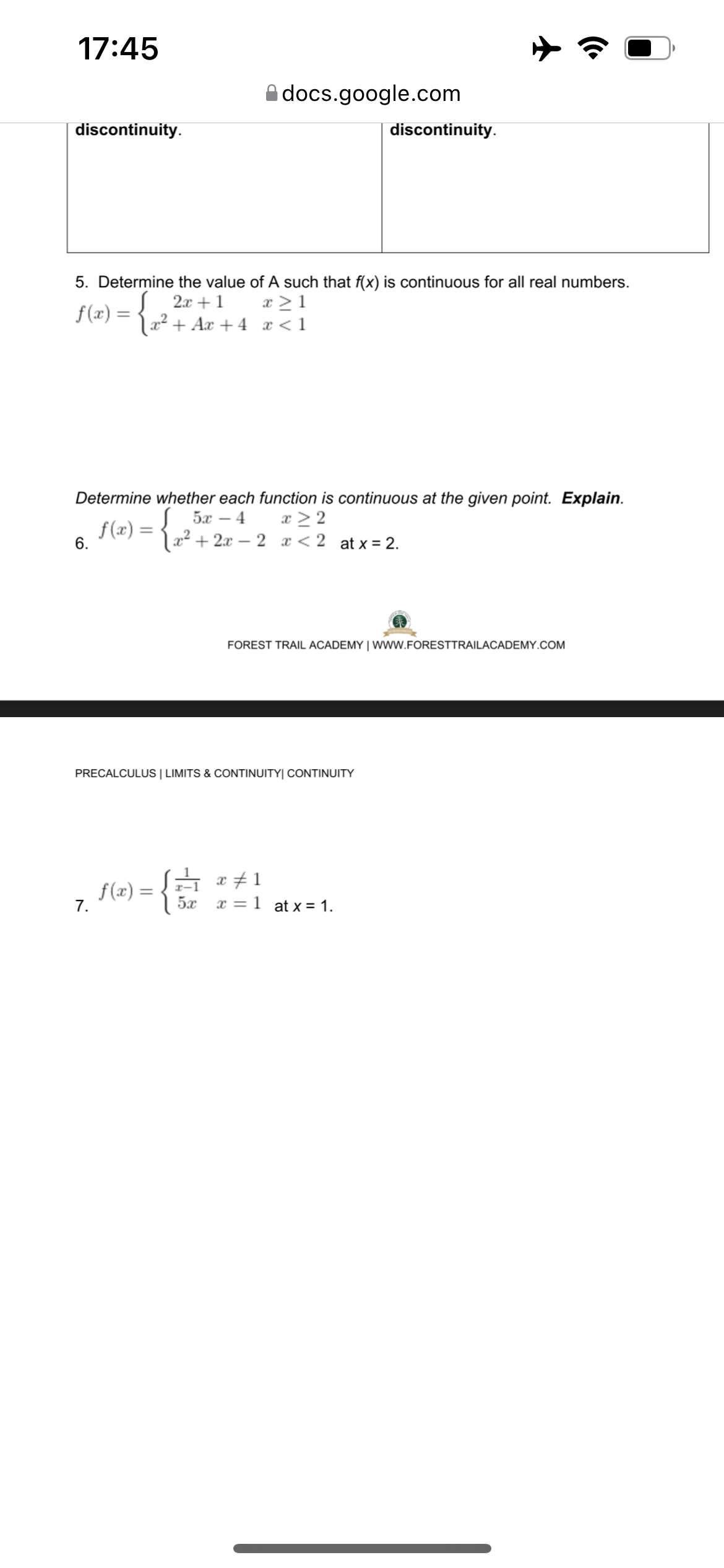 of f(x) is given below. 1. Is f(x) continuous at x =