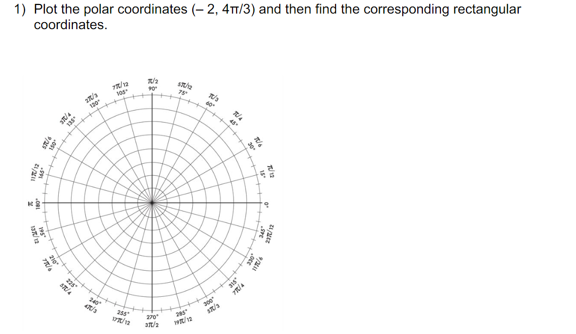  1) Plot the polar coordinates (- 2, 4TT/3) and then find