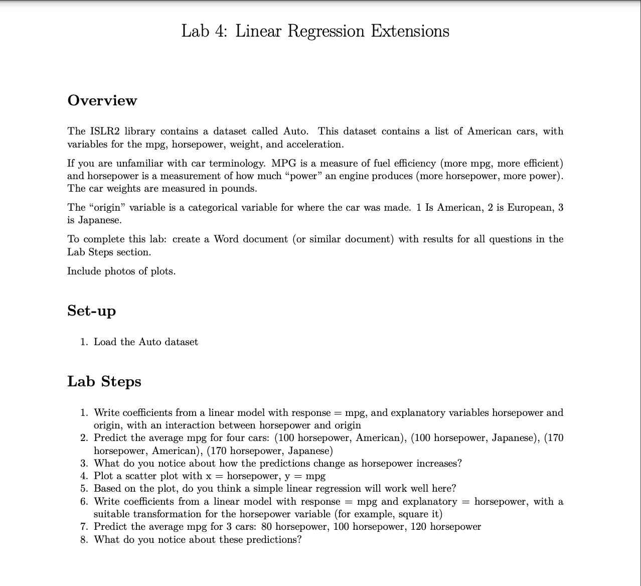 Lab 4: Linear Regression Extensions Overview The ISLR2 library contains a