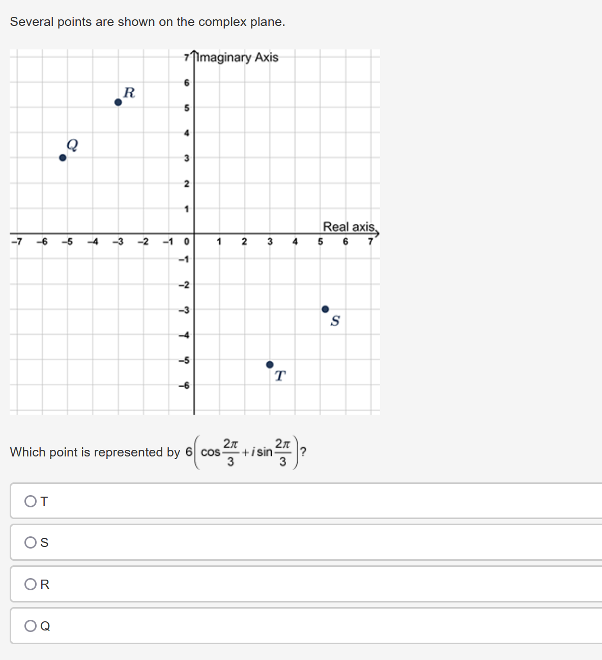 Several points are shown on the complex plane. 7 Imaginary Axis