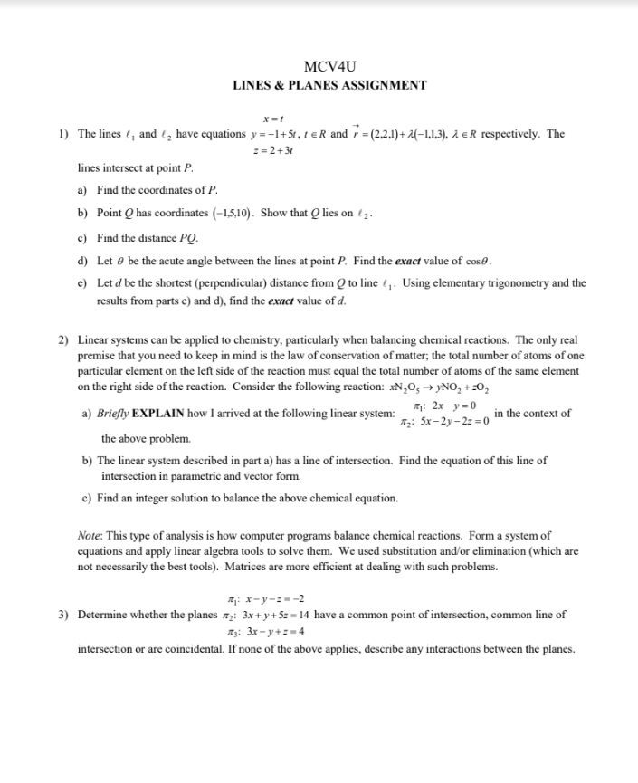 MCV4U LINES & PLANES ASSIGNMENT x =1 1) The lines ,