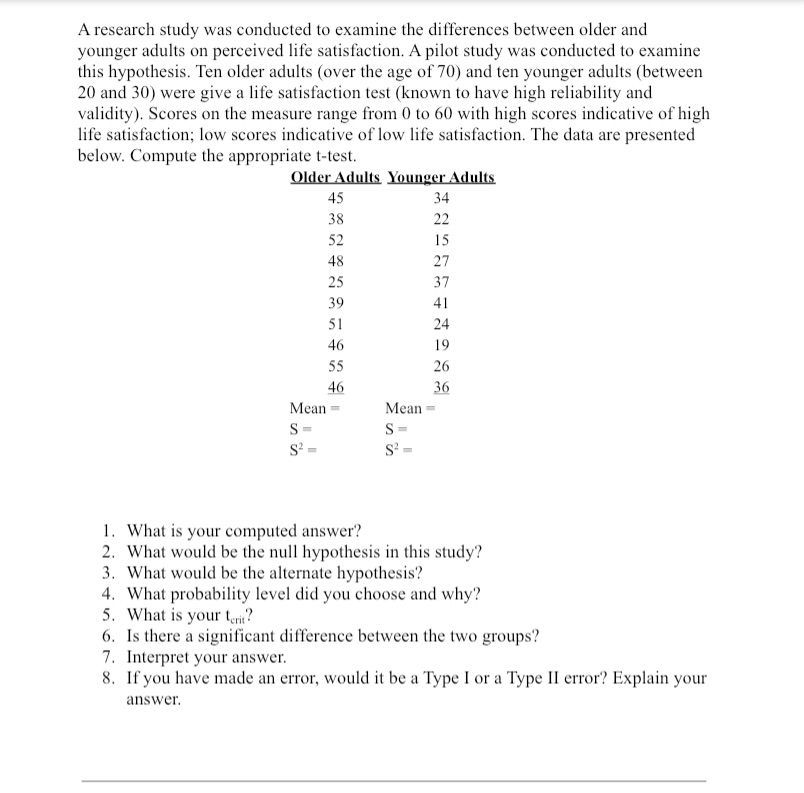 A research study was conducted to examine the differences between older