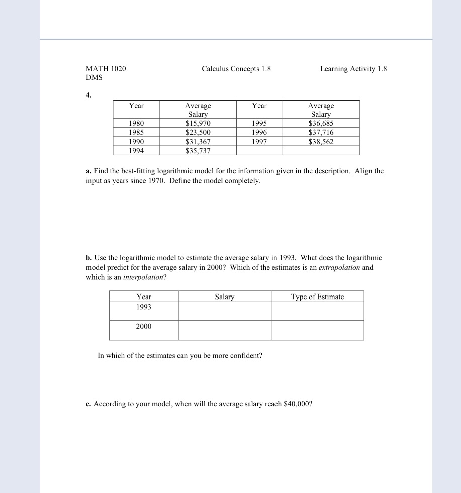  MATH 1020 Calculus Concepts 1.8 Learning Activity 1.8 DMS 4. Year