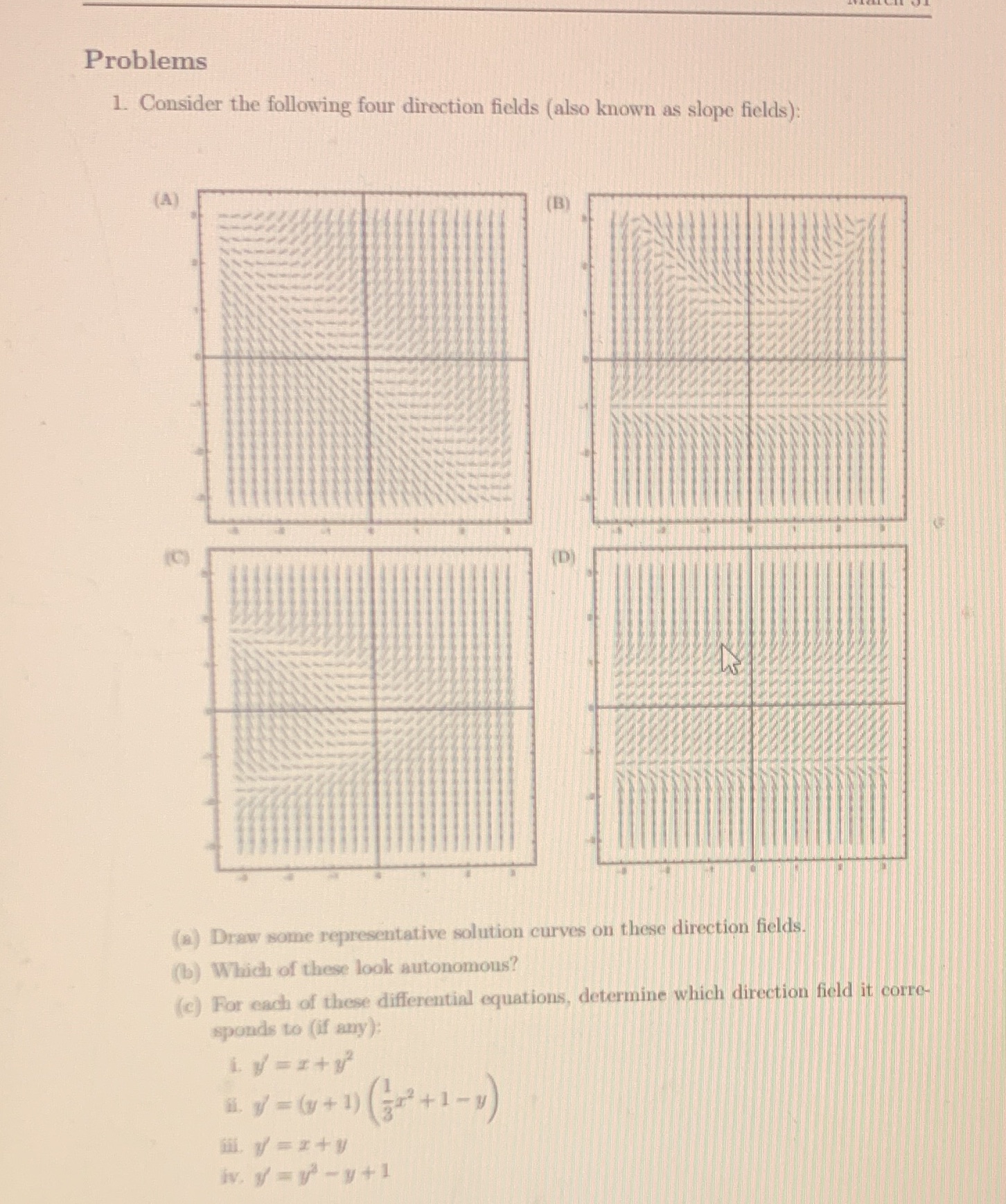  Problems 1. Consider the following four direction fields (also known as