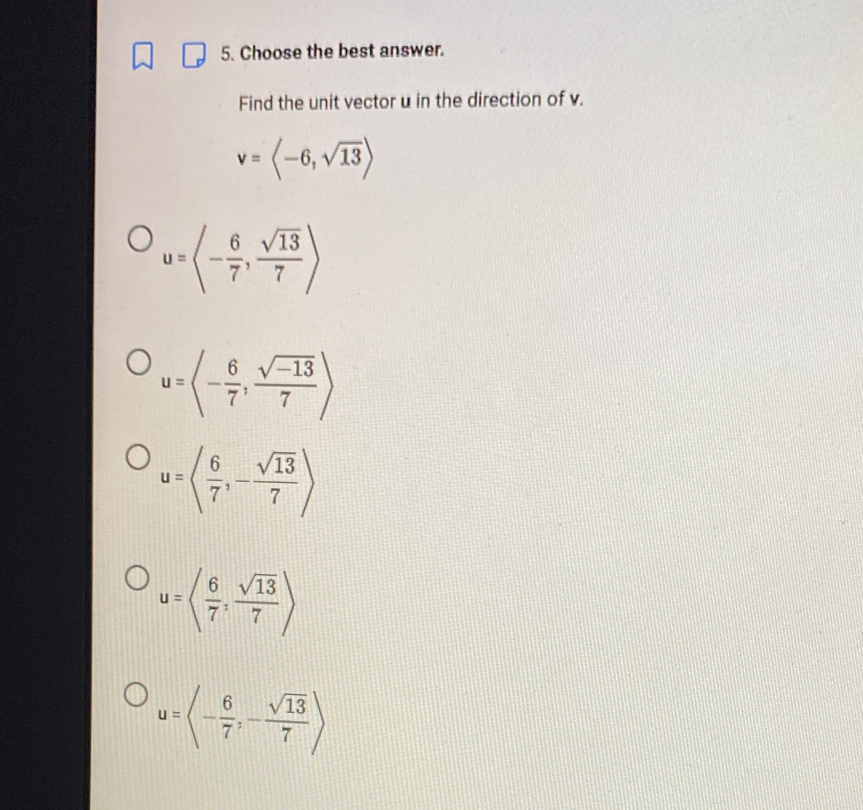 5. Choose the best answer. Find the unit vector u in