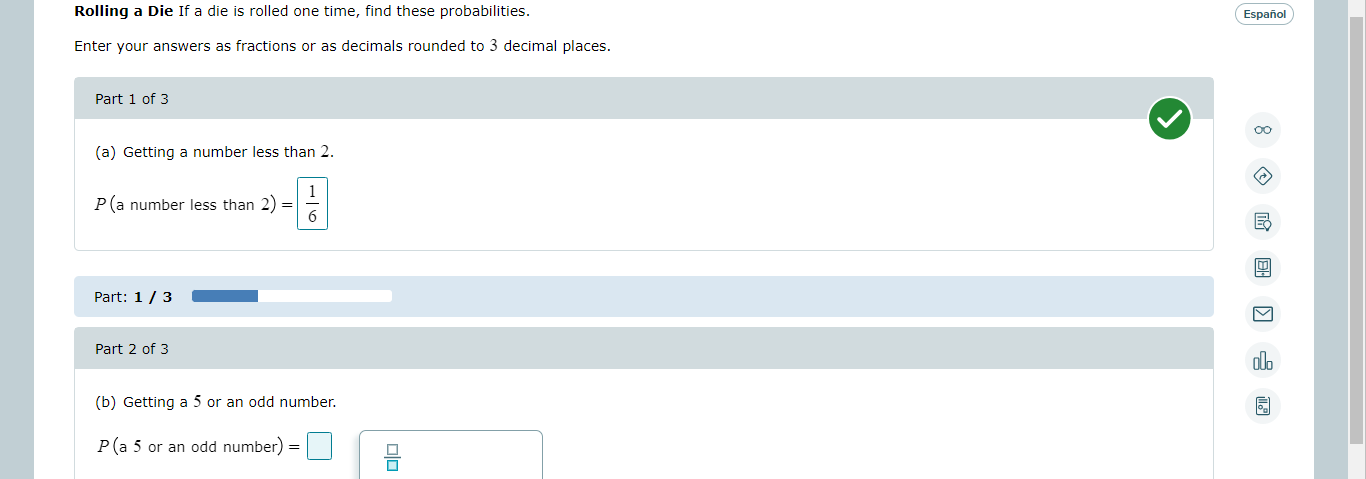 these probabilities. Espanol Enter your answers as fractions or as decimals rounded