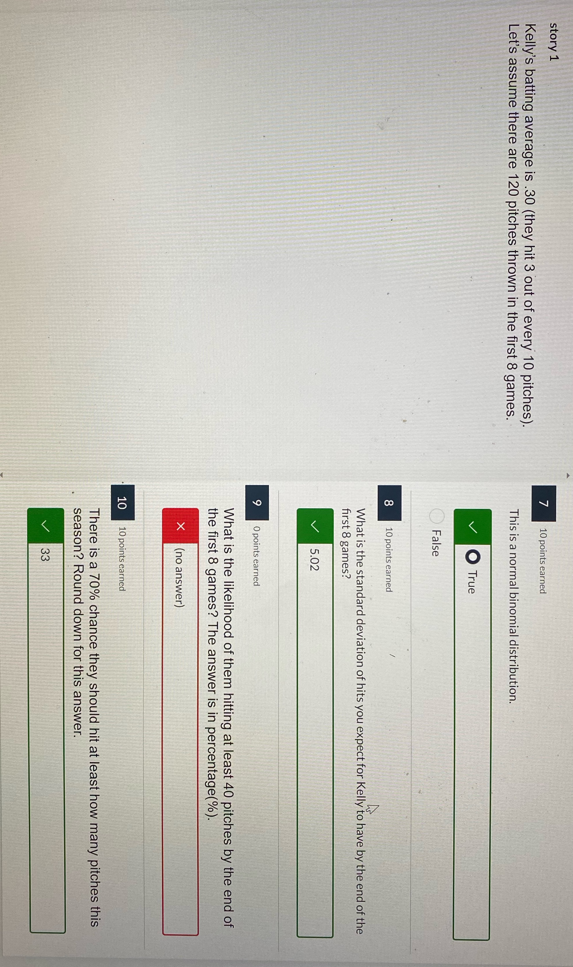 I need help solving #9. story 1 10 points earned Kelly's batting