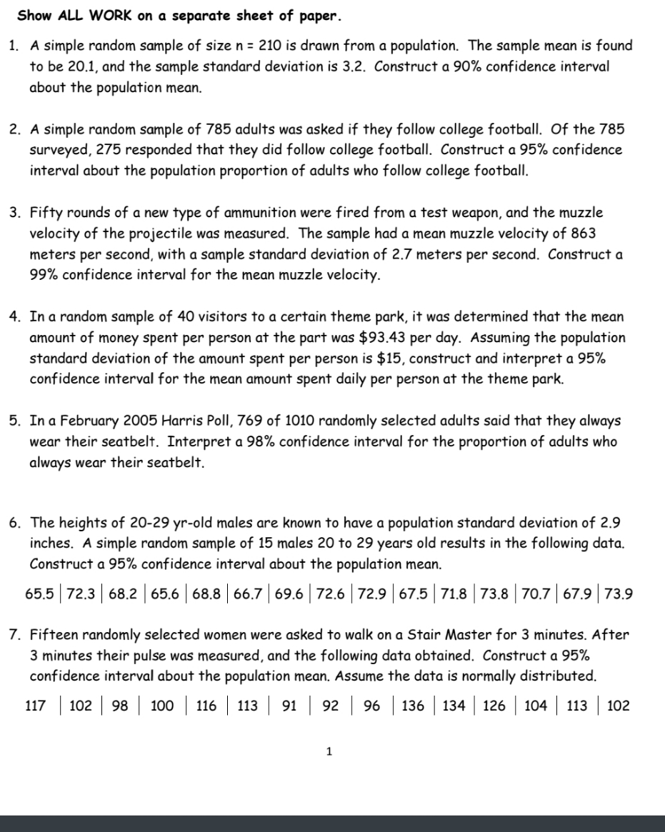 please solve and show your work Show ALL WORK an a separate
