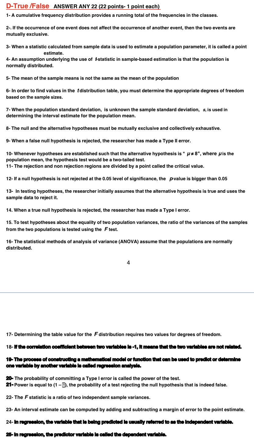  D-True /False ANSWER ANY 22 (22 points- 1 point each) 1-