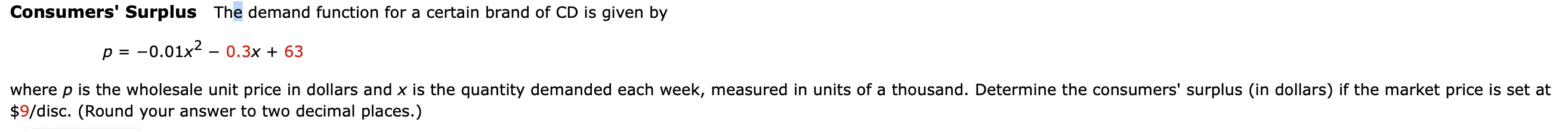 is given by p = o.o1x2 0.3x + 63 where p is