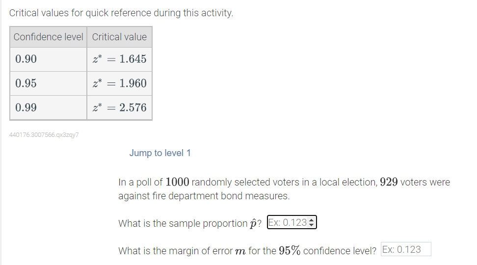  Critical values for quick reference during this activity. Condence level Critical