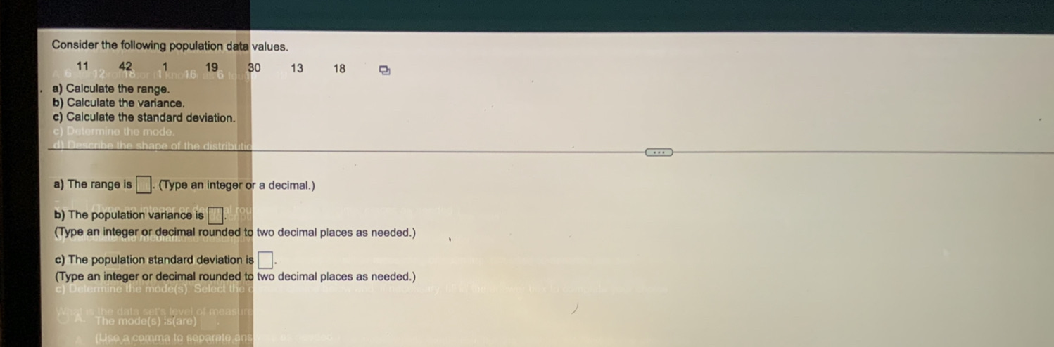 Show all work Consider the following population data values. 11 12 42