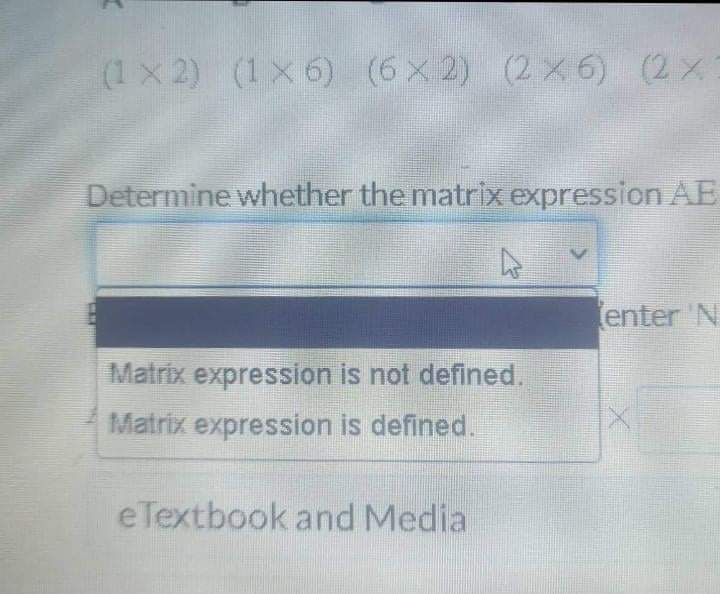 is defined. Enter the size of the resulting matrix (enter 'NA' in