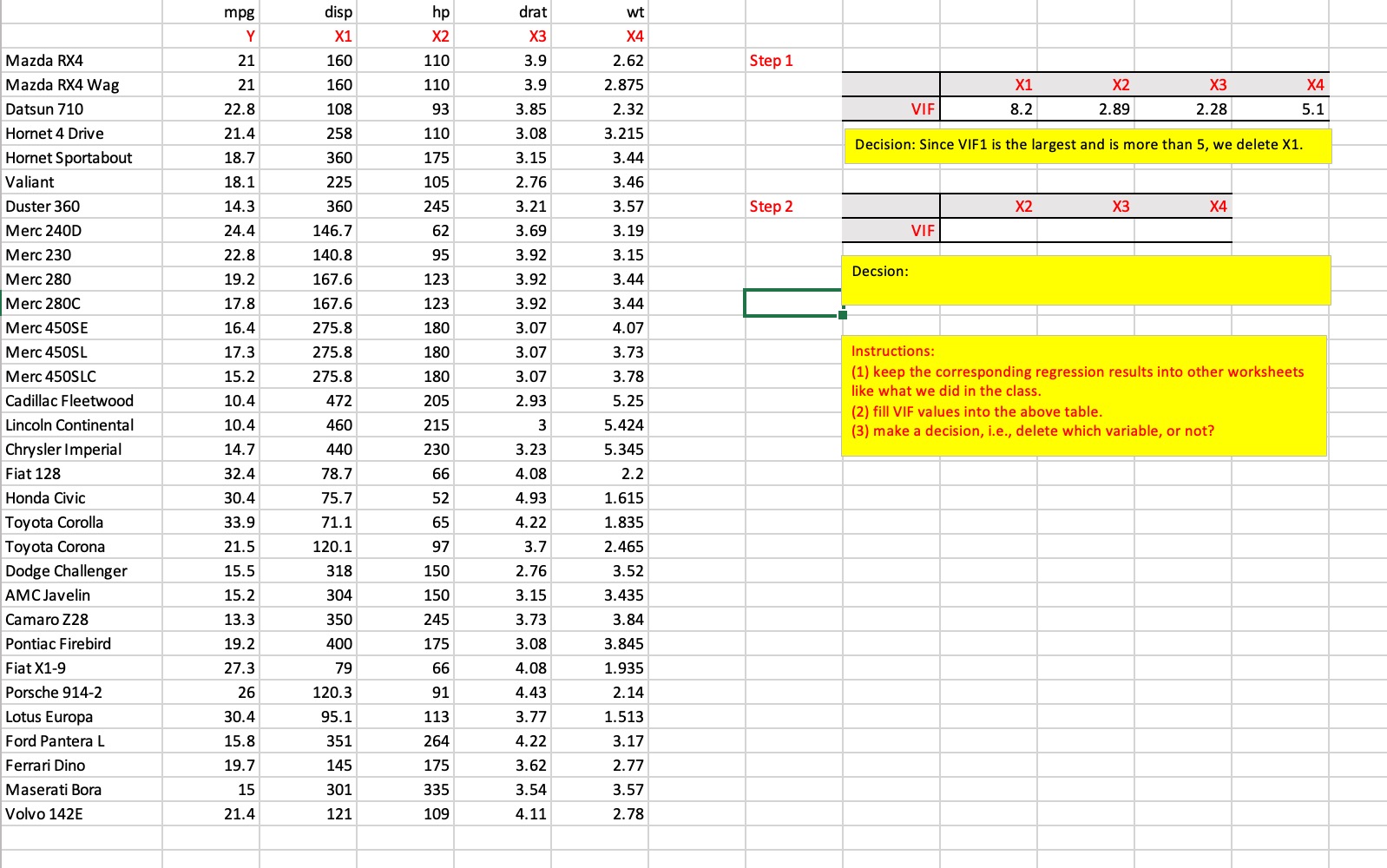 for dataset mtcars - VIE.xIsx & . Finish the calculation in the