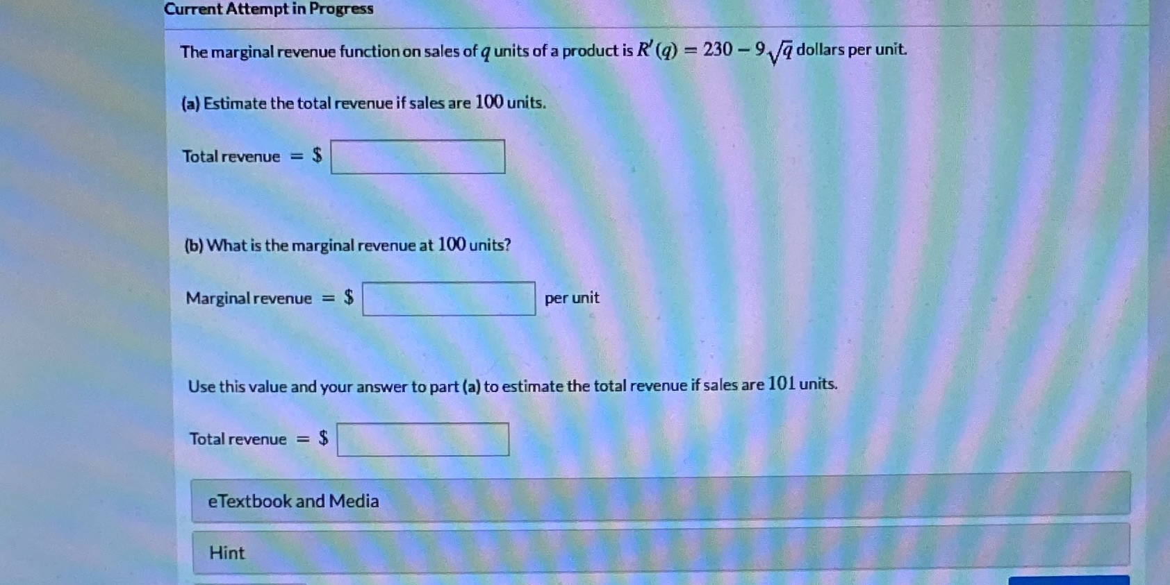5.5 #6 Current Attempt in Progress The marginal revenue function on sales