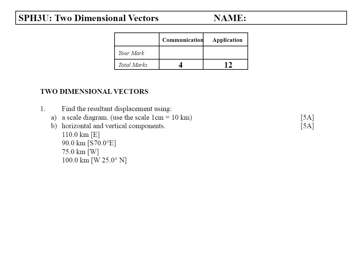  SPH3U: Two Dimensional Vectors NAME: Communication Application Your Mark Total Marks