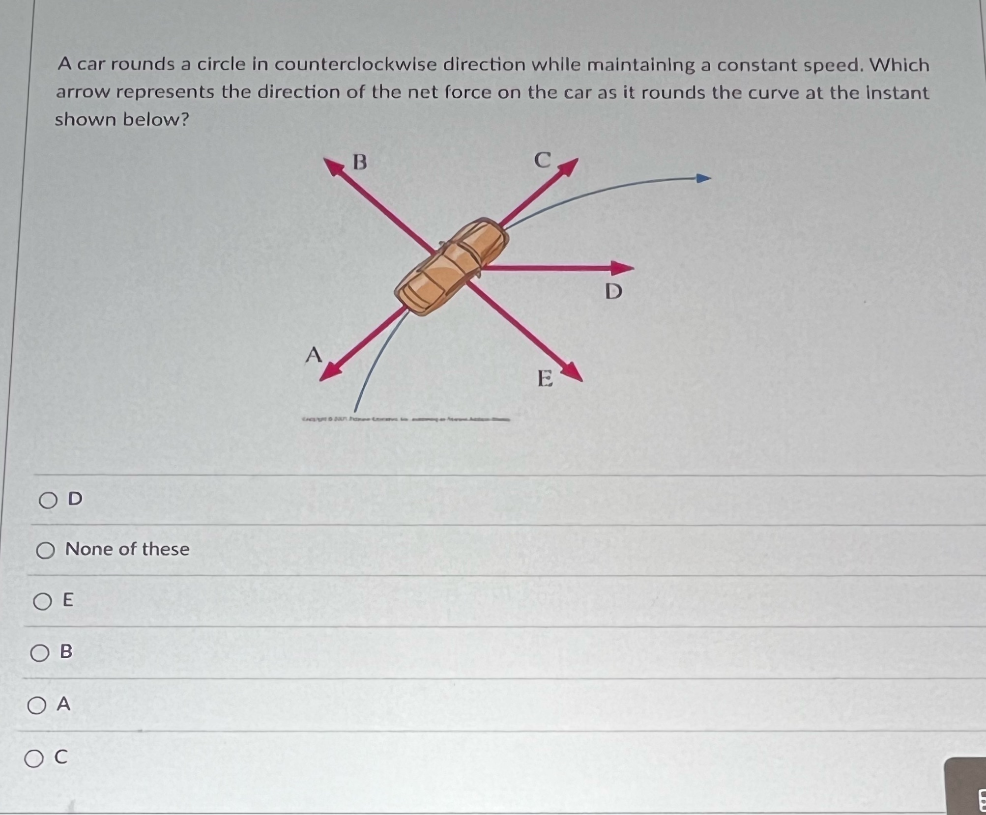 A car rounds a circle in counterclockwise direction while maintaining a