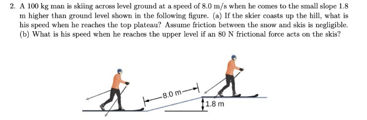 a speed of 8.0 m/s when he comes to the small slope