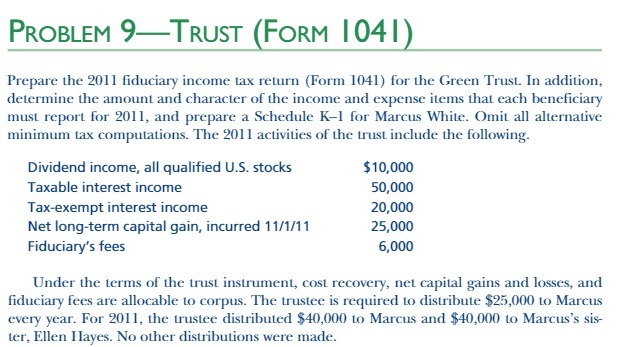 PROBLEM 9TRUST (FORM 104 1 ) Prepare Lhe 2011 fiduciary income tax
