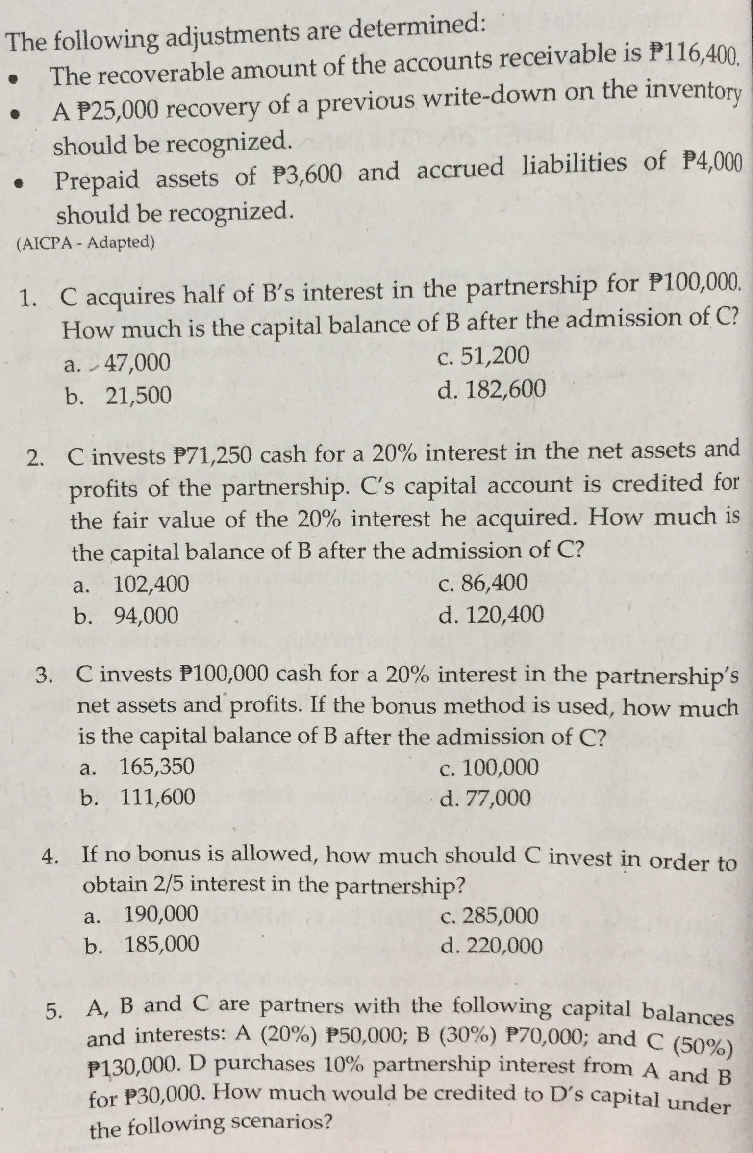 admit Andre as a new partner with a 1/3 interest in both