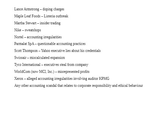 Martha Stewart - insider trading Nike - sweatshops Nortel - accounting irregularities