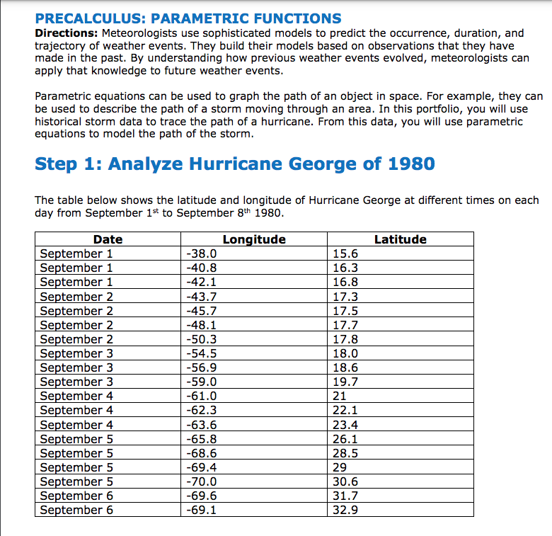  PRECALCULUS: PARAMETRIC FUNCTIONS Directions: Meteorologists use sophisticated models to predict the