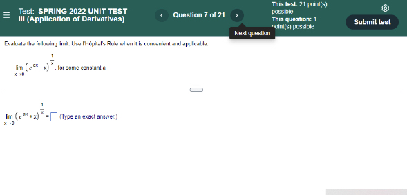  This test: 21 point(s) E Test: SPRING 2022 UNIT TEST Question