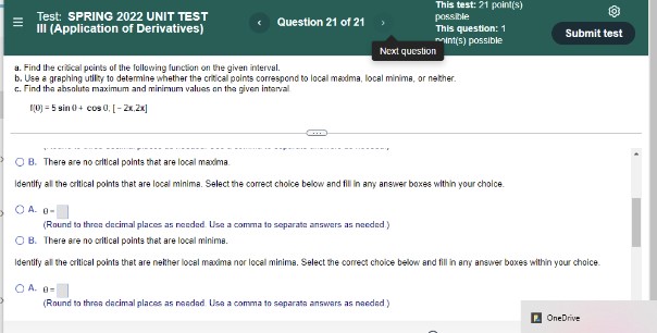 E Test: SPRING 2022 UNIT TEST Ill (Application of Derivatives) Question 18
