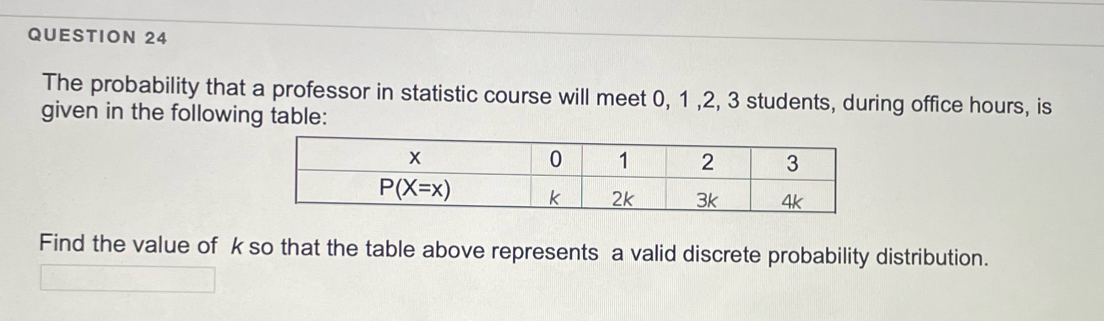 QUESTION 24 The probability that a professor in statistic course will