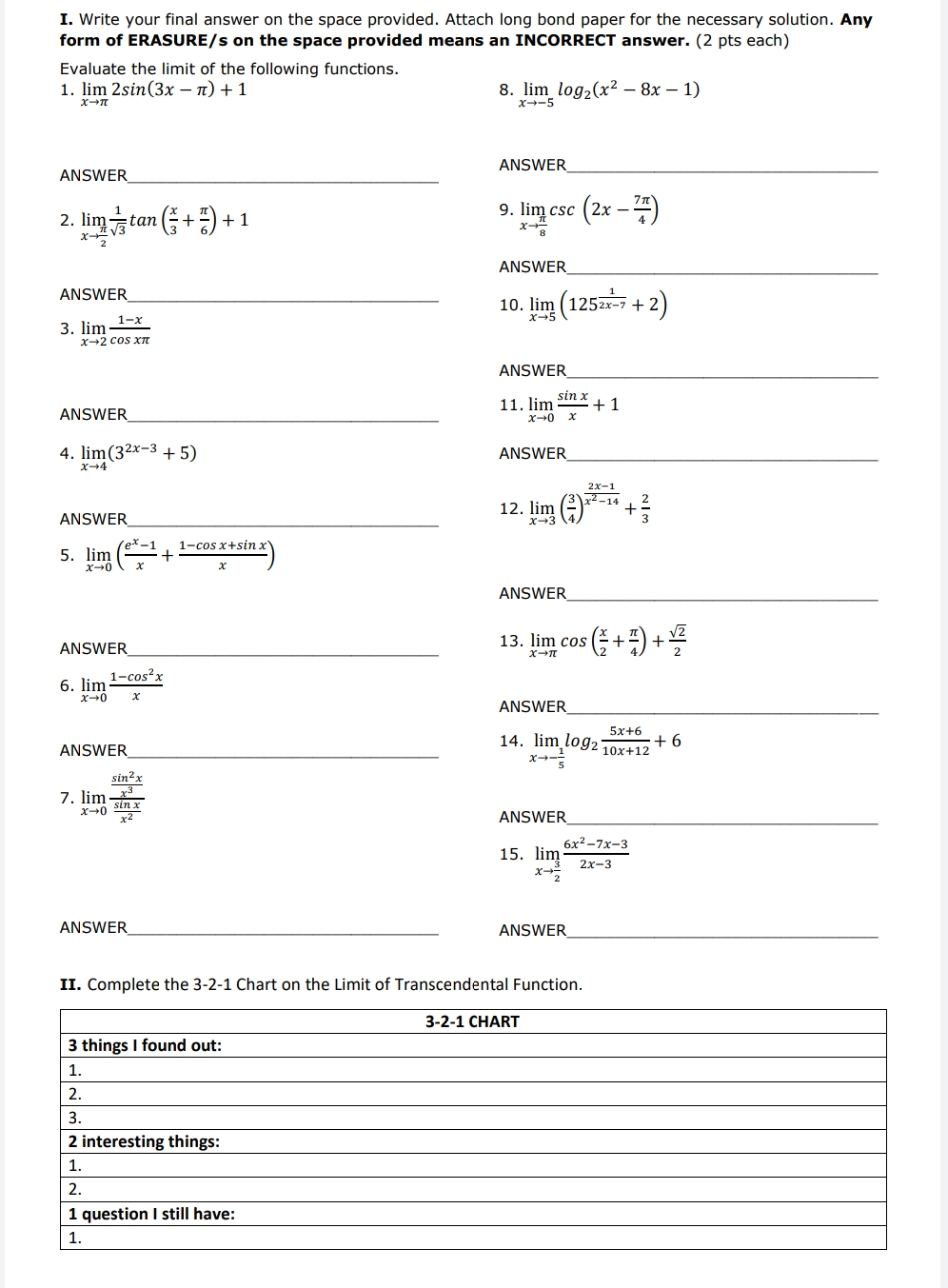 Type the answer here with solution I. Write your final answer on