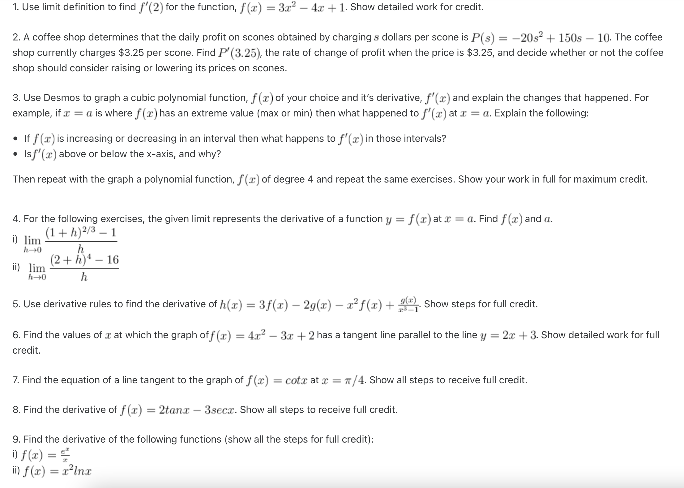 'I. Use limit definition to find f'(2) for the function, f(g;)