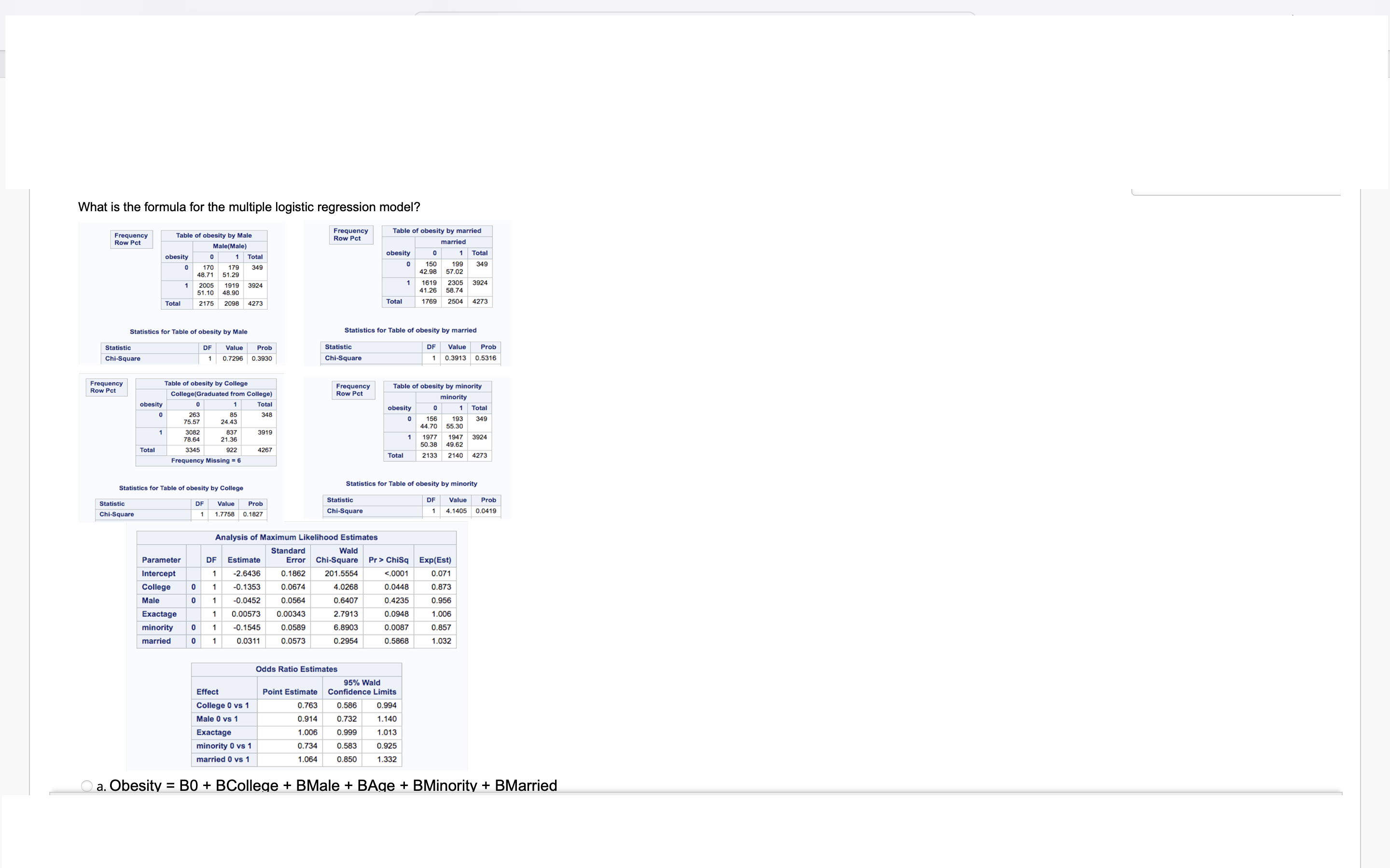 What is the formula for the multiple logistic regression model? Frequency