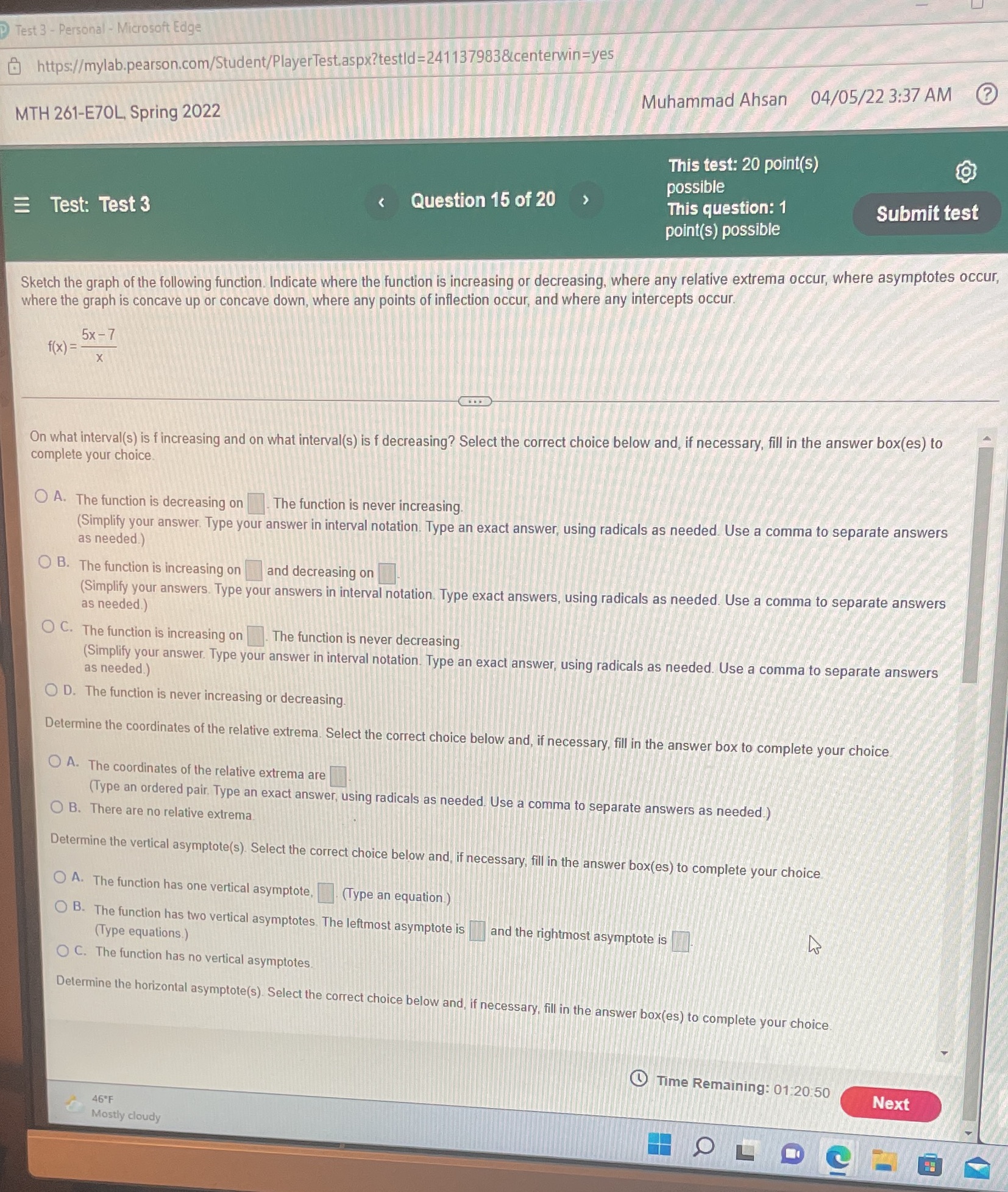  P Test 3 - Personal - Microsoft Edge https://mylab.pearson.com/Student/PlayerTest.aspx?testld=241137983&centerwin=yes Muhammad Ahsan