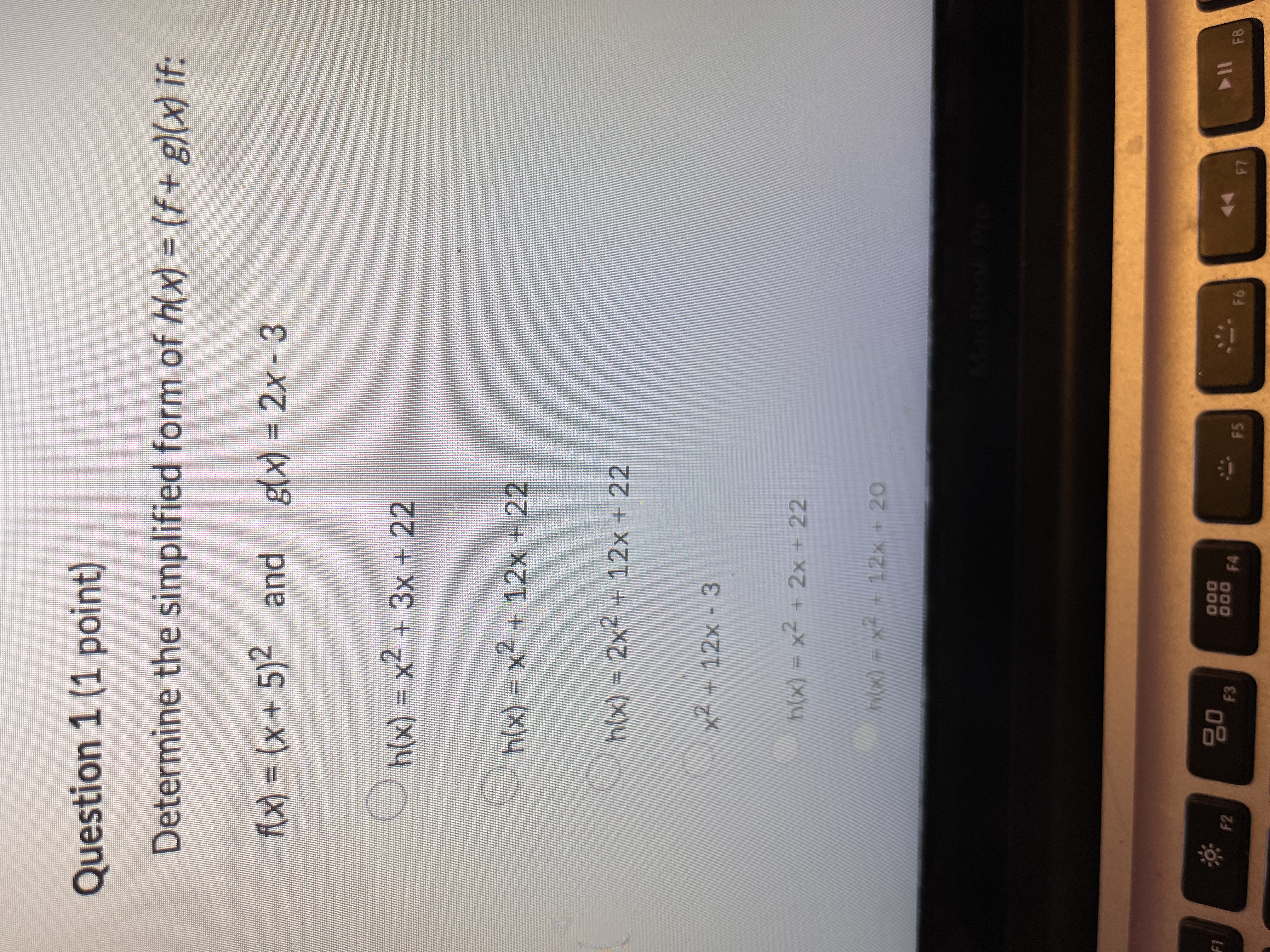 Answer\fAnswer Question 7 (1 point) Given f(x) = log(8) and g(x) =