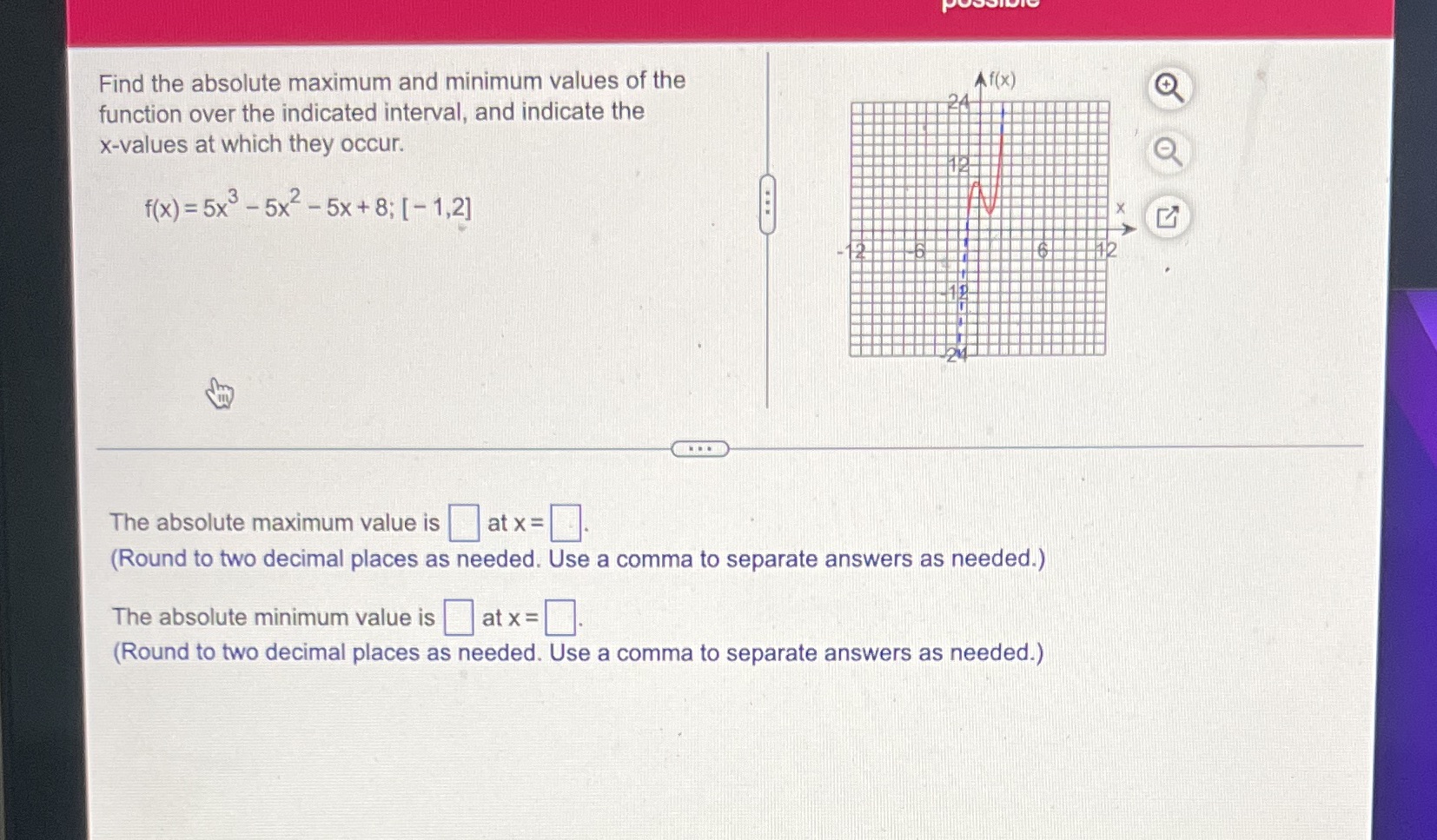  function over the indicated interval. and indicate the Find the absolute