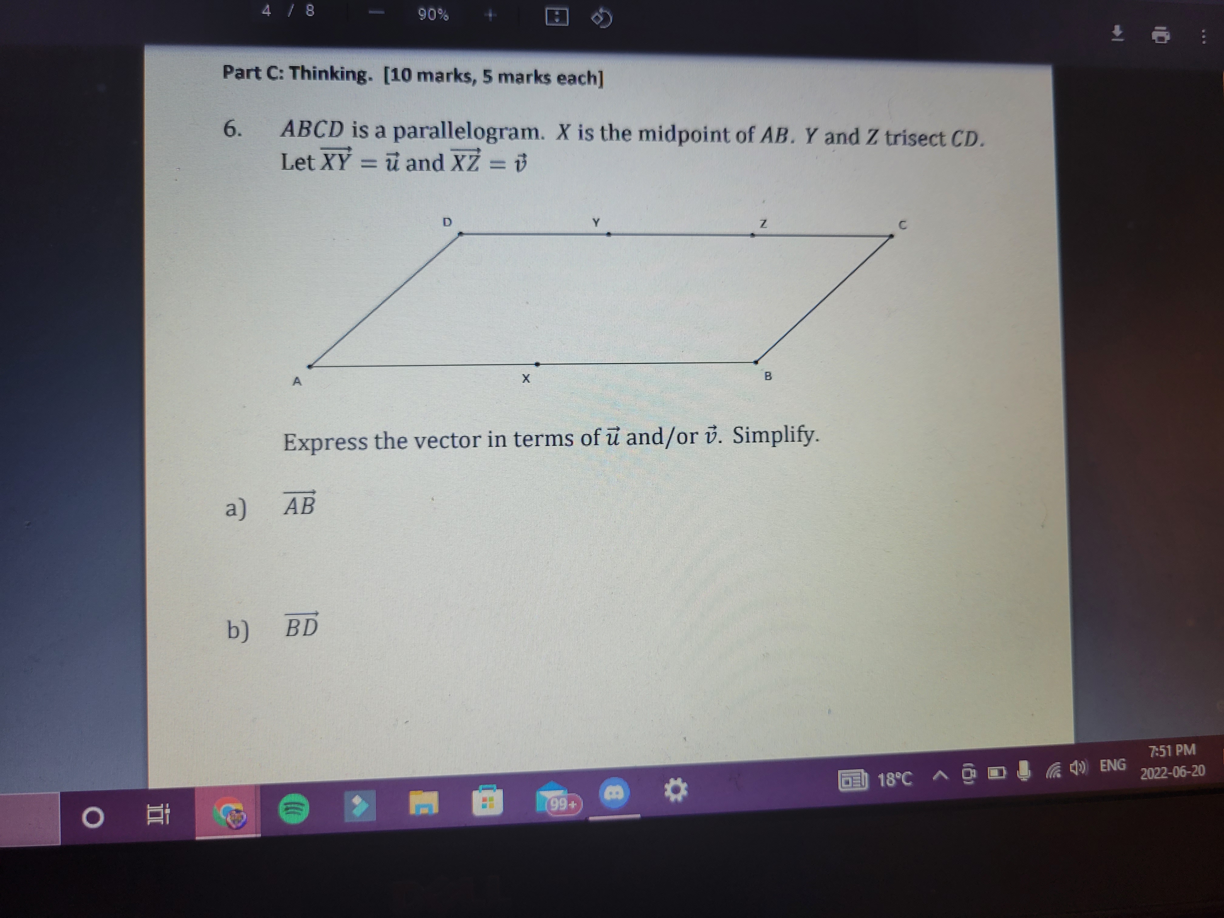 6. ABCD is a parallelogram. X is the midpoint of AB. Y