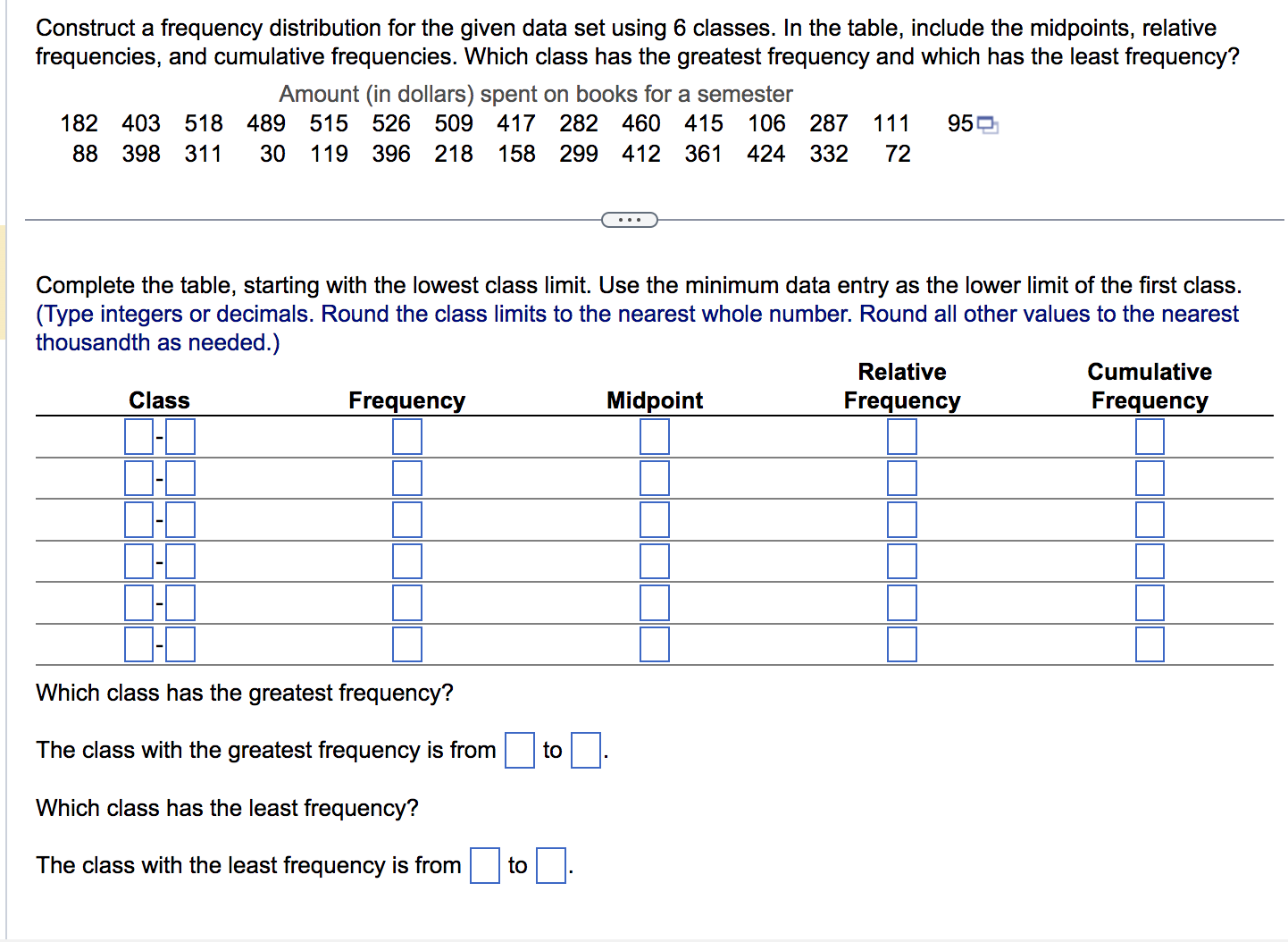 classes. In the table, include the midpoints, relative frequencies, and cumulative frequencies.