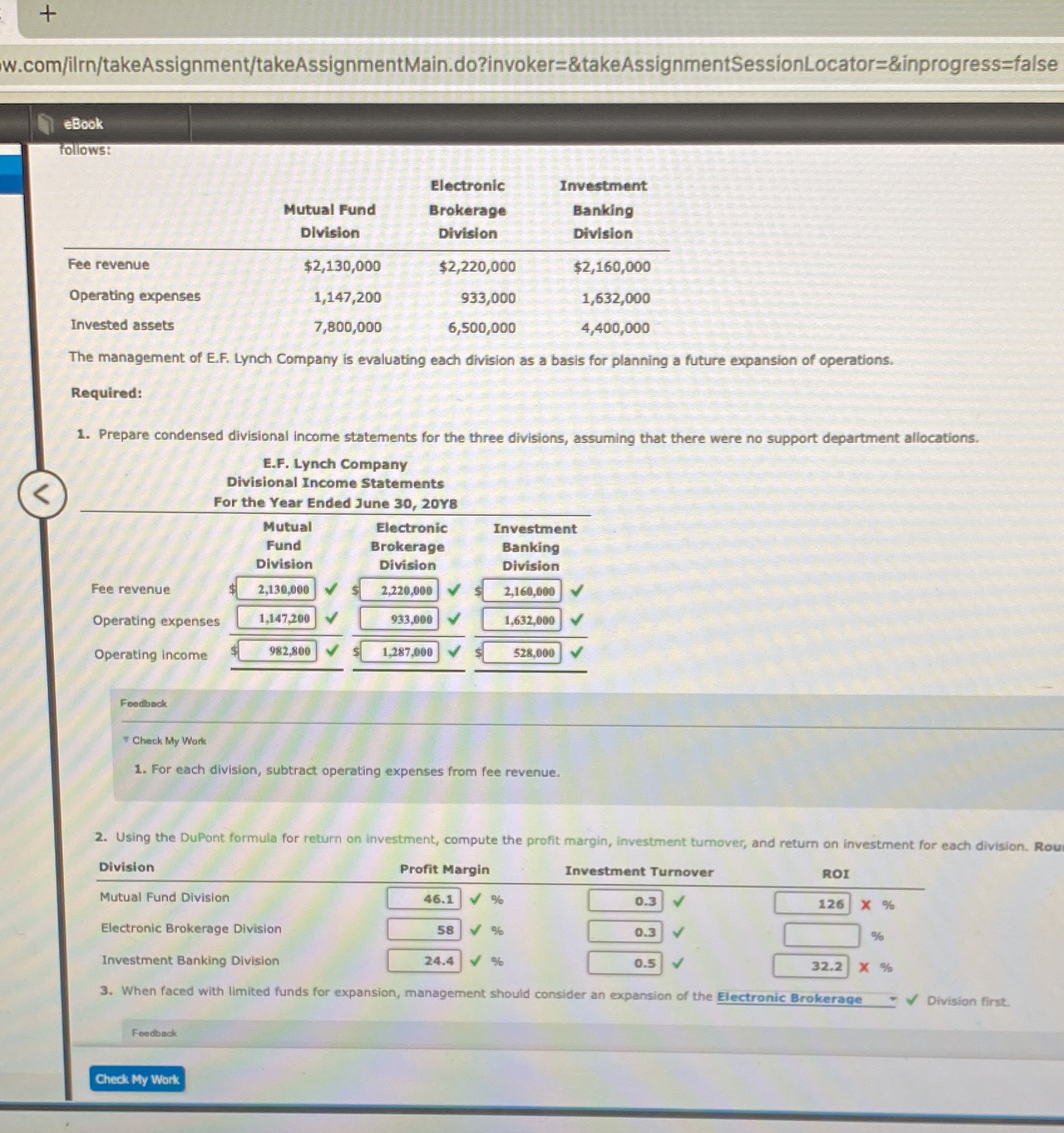 I need help with finding the ROI. + w.com/ilrn/takeAssignment/takeAssignmentMain.do?invoker=&takeAssignmentSessionLocator=&inprogress=false eBook follows: Electronic