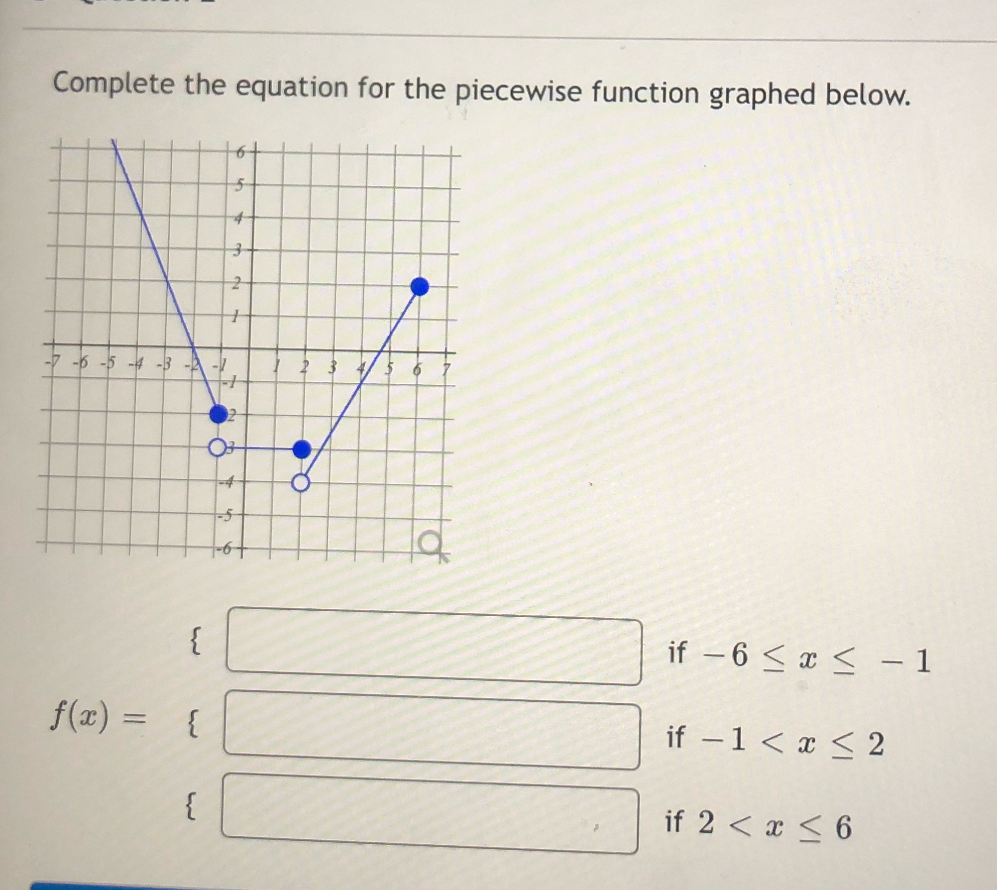  Complete the equation for the piecewise function graphed below. 7- 6