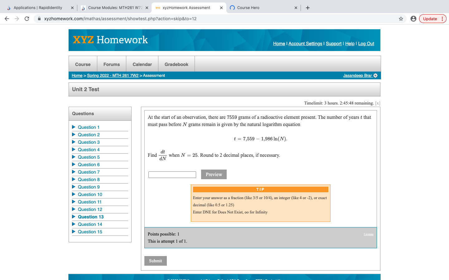  Applications | Rapididentity x ) Course Modules: MTH261 W72 x xYz