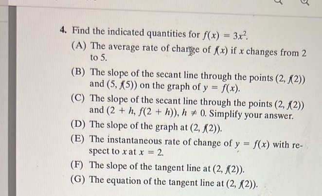 4. Find the indicated quantities for f(x) = 3x2 (A) The