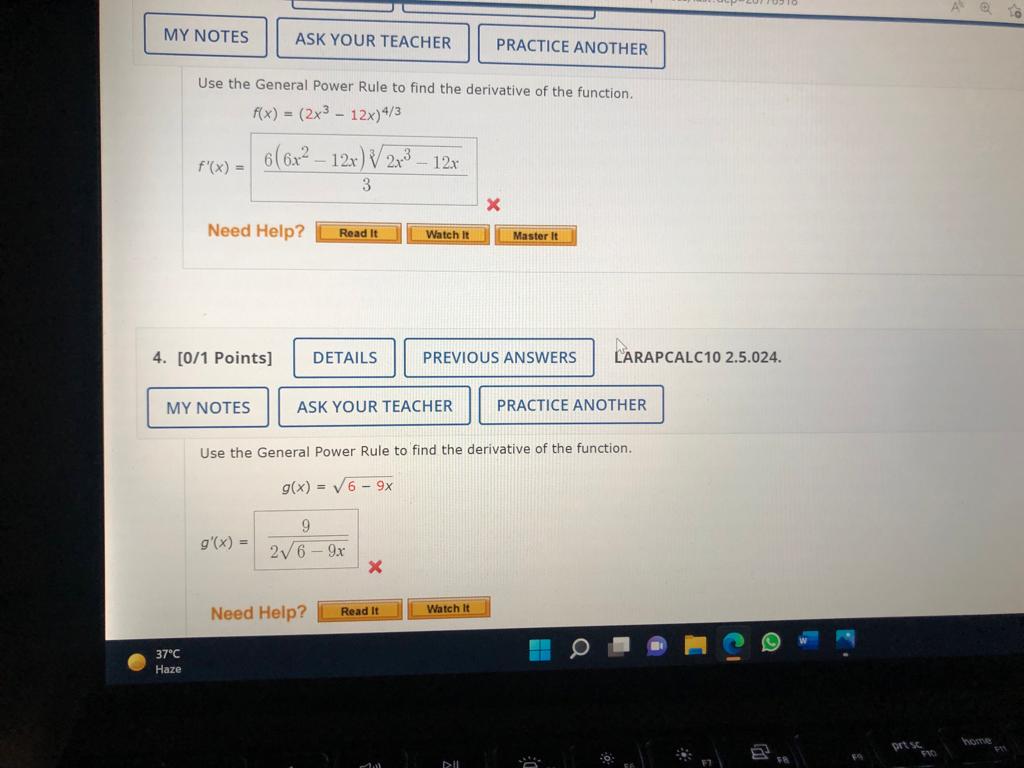 of the function. g(x) = V6 - 9x 9 g' ( x