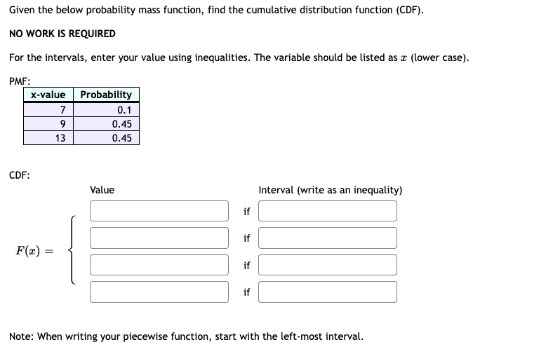 Help with stats Given the below probability mass function, find the cumulative
