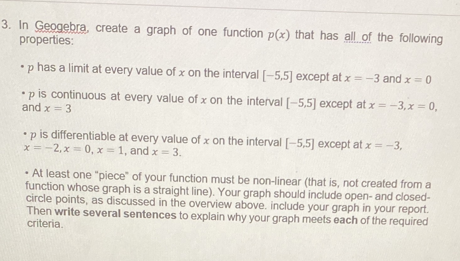  3. In Geogebra, create a graph of one function p(x) that